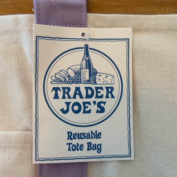 NWT Trader Joe’s LARGE Canvas Reusable Tote Bag - Cream with Lavender Straps - Picture 3 of 9